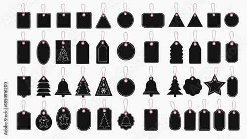 Collection of black Christmas tags with pink strings on white background vector