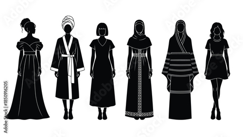 Six women in various traditional and modern outfits isolated on white background vector