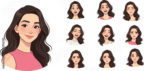 Female cartoon avatar set, flat vector illustration of young woman face with multiple emotions expressions character design concept social media