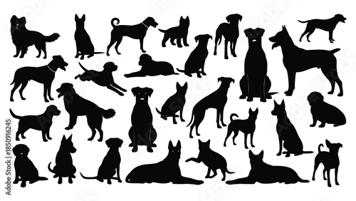 Collection of black dog silhouettes on white background vector
