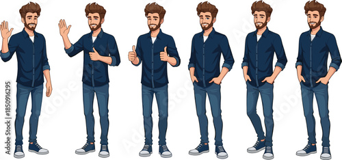 Male character poses set, bearded man gestures, casual outfit, flat vector illustration, modern cartoon style, isolated on white