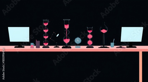 Conceptual Illustration of Surreal Hourglasses on Office Desk Representing Time Management Pressure Deadline Anxiety and Work Productivity Flow in Minimalist Flat Graphic Style