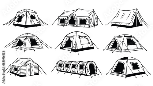 Collection of various camping tents on white background vector