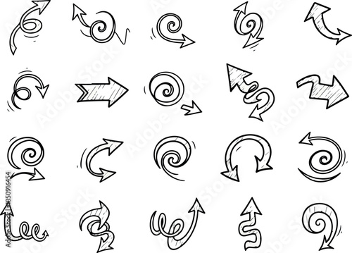 Set of hand-drawn vector doodle arrows, direction, pointers, and navigation