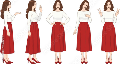 Woman character poses set, elegant female gestures, flat vector illustration, stylish outfit, white blouse red skirt, isolated design