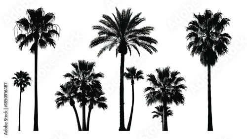 Collection of black palm tree silhouettes on white background vector