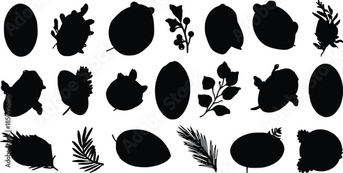 Fruit and leaf silhouettes, berry branch, oval shapes, botanical collection icon set