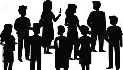 vaccination team, medical staff, and waiting patients queueing for injection
