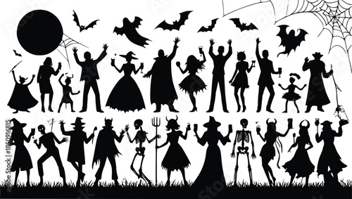 Halloween party silhouettes, spooky costumes, full moon, bats, ghosts, cobwebs, skeleton