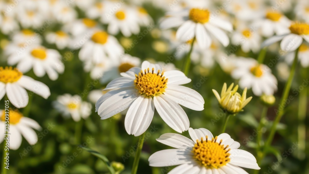 Fototapeta premium White daisies with yellow centers in a sunlit field, one in sharp focus