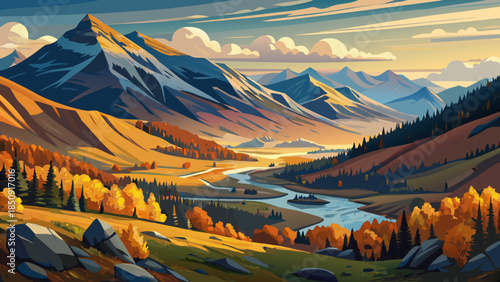 Very beautiful panoramic view of an Absaroka Mountain valley in autumn, with early morning light, fall colors, and layered clouds along the scenic road toward Yellowstone National Park.