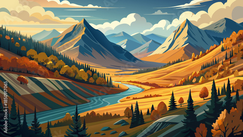 Very beautiful panoramic view of an Absaroka Mountain valley in autumn, with early morning light, fall colors, and layered clouds along the scenic road toward Yellowstone National Park.