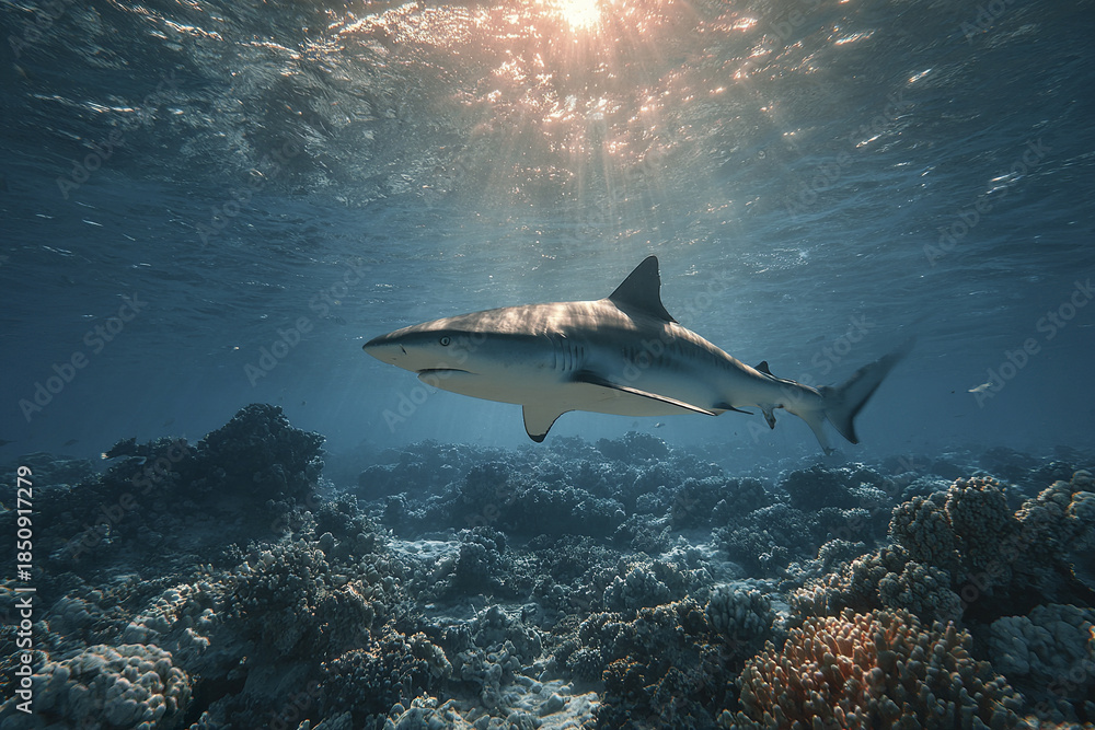 Fototapeta premium Shark swimming above coral reef in clear ocean water with sunlight rays penetrating surface, showcasing marine predator in natural underwater habitat
