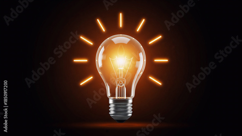An illuminated glass light bulb glowing brightly against a dark black background represents a creative concept of energy, innovation, and a powerful electric idea for modern technology and inspiration