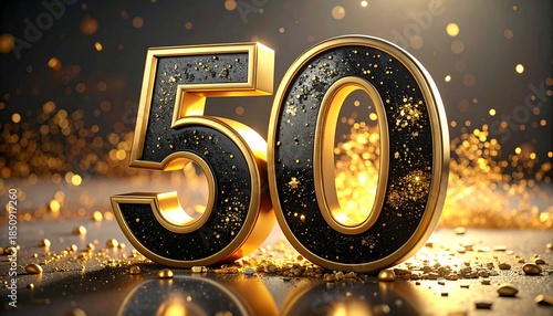 50 years old. Gold and black Number 50th anniversary, happy birthday congratulations. 3d rendering.