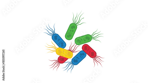 Vibrant colorful bacteria cells with flagella on white background, Generative AI.