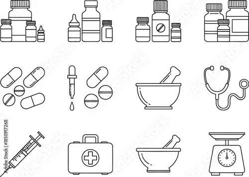 Set of essential pharmacy and medical supply outline icons including bottles pills dropper mortar and stethoscope