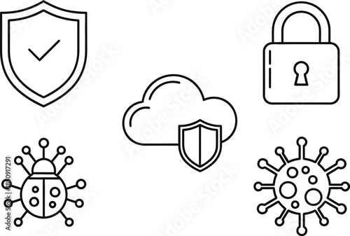 Collection of simple line art icons representing cybersecurity antivirus data protection cloud safety and virus threats