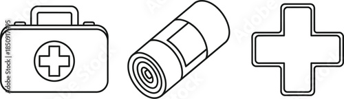 Minimalist outline icons representing first aid kit bandage roll and medical cross for emergency healthcare concepts