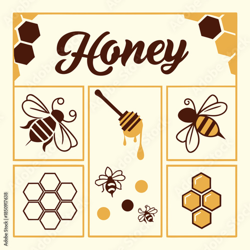 Honey Bee Branding Vector Set - Beekeeping, Honeycomb, Natural Food Icons