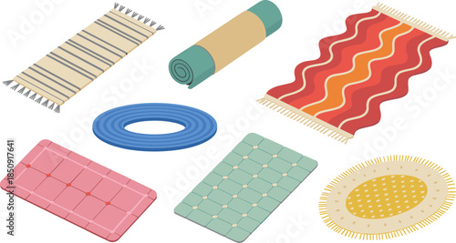 Set of isometric vector rugs and floor mats with wavy patterns stripes tassels and rolled textile icons for home interior design.