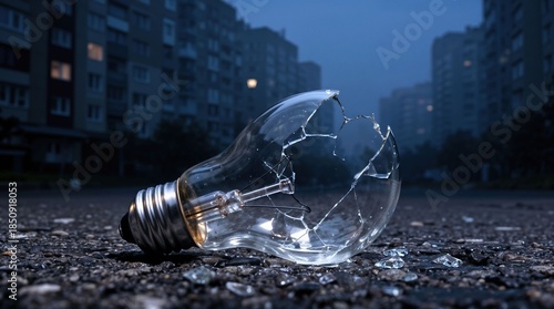 Shattered light bulb on street representing blackout energy crisis
