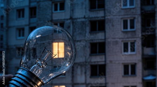 Hand holding light bulb reflecting building with one lit window