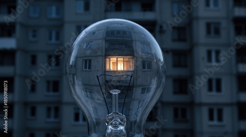 Light bulb reflecting apartment with one lit window energy costs