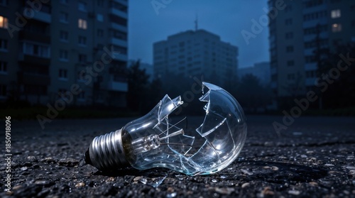 Broken light bulb on ground symbolizing blackout and power crisis