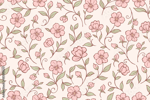 A romantic seamless floral pattern with soft pink blossoms and green leaves on a light cream background, featuring delicate hand-drawn lines and a vintage charm.