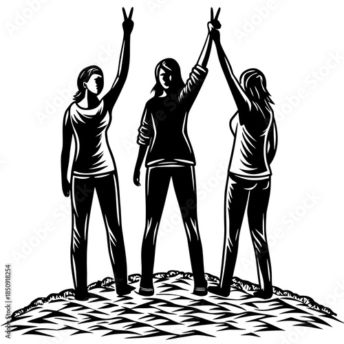 Vector Silhouette of a Group of Women Showing Victory Sign – Female Empowerment Concept
