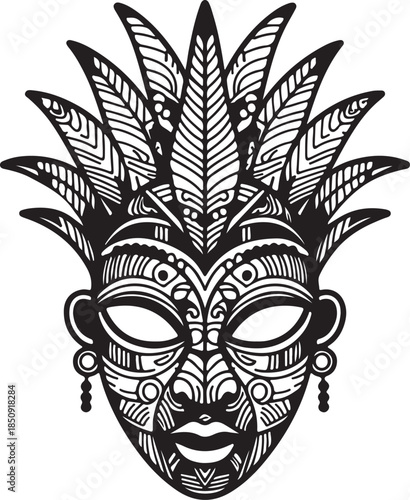 Traditional gold Venetian carnival mask with feathers and theater art decorations for a mysterious masquerade festival costume illustration isolated on black and white backgrounds