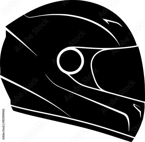 A sleek, black racing helmet with thin white racing stripes