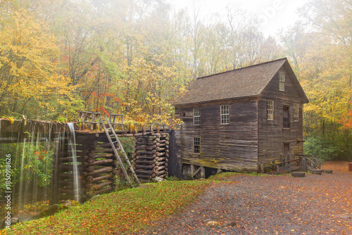 Historic Mingus gristmill built in 1886 in the great Smoky Mountains during a hazy morning