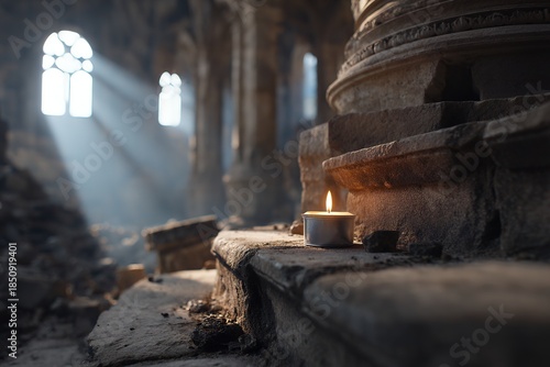 Candlelit serenity amidst ancient church ruins with sunlight streaming through arched windows