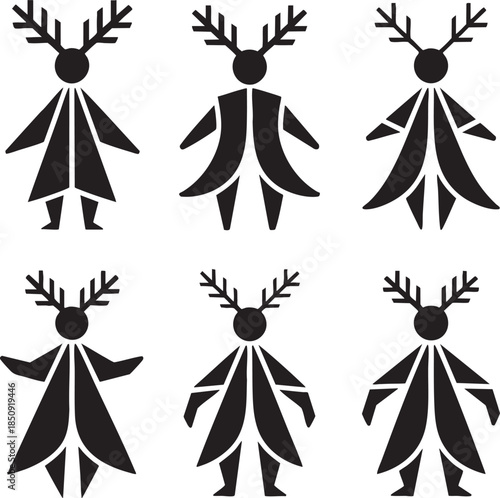 Minimalist black silhouettes of reindeer antlered human figures in a grid pattern