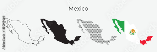 Mexico map illustration set with outline, solid silhouette, and flag design.