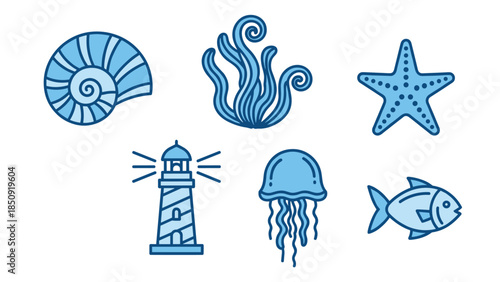 Oceanic icons set with sea creatures and lighthouse, Generative AI.
