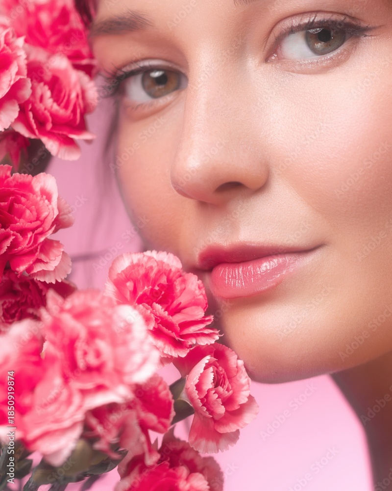 Fototapeta premium Beautiful Woman s Face With Pink Carnation and Radiant Complexion