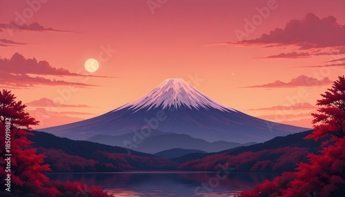 Japan Mount Fuji landscape in autumn with red forest, lake, mountains, clear cloudy dusk sky, and moon – travel vector illustration