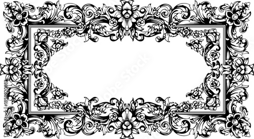 Elegant floral frame with vintage filigree design, perfect for wedding invitations or sophisticated branding projects, timeless appeal and exquisite detail