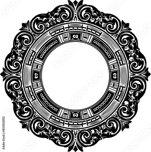 Elegant ornate vector frame for wedding invitations or vintage designs, offering a classic touch with intricate details and a customizable circular center