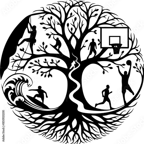 Dynamic tree of life with silhouette athletes playing basketball, surfing, rock climbing, running, and hiking showing active lifestyle and wellness