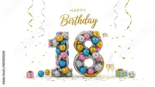 Happy 18th Birthday Celebration with Decorative Numbers Isolated