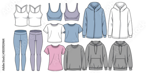 Assortment of women's casual and activewear apparel including leggings, sports bras, t-shirts, and hoodies Keywords: women's