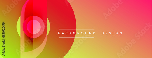 Abstract vibrant layers create dynamic gradient. Modern design features flowing shapes, bold colors, text elements. Smooth transitions, visual appeal.