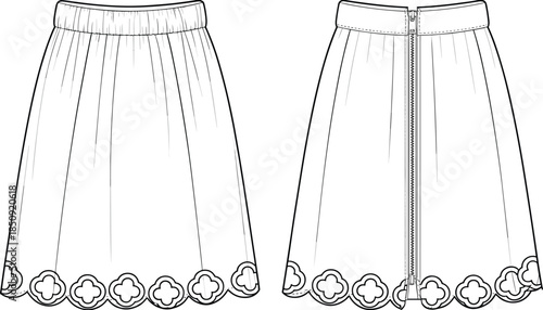 Black and White Line Art Illustrations of Two Skirts with Scalloped Hem midi skirt fashion illustration
