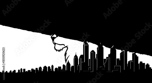 Majestic lion head silhouette emerges from dark sky above a stylized, modern cityscape, symbolizing power and urban dominance