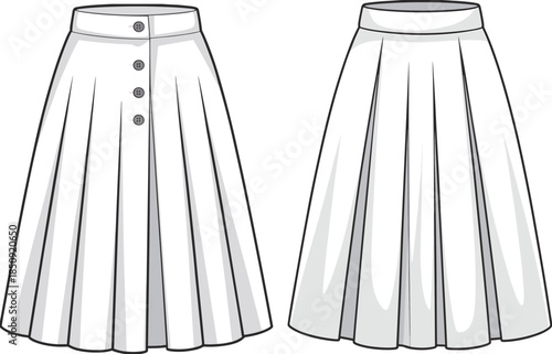 Black and White Line Art Illustrations of Two Pleated Skirts midi skirt fashion illustration