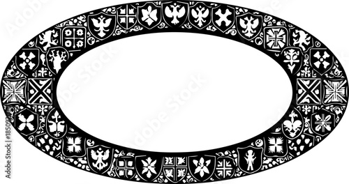 Elegant oval frame adorned with intricate heraldic crests and medieval symbols, perfect for classic invitations or vintage designs